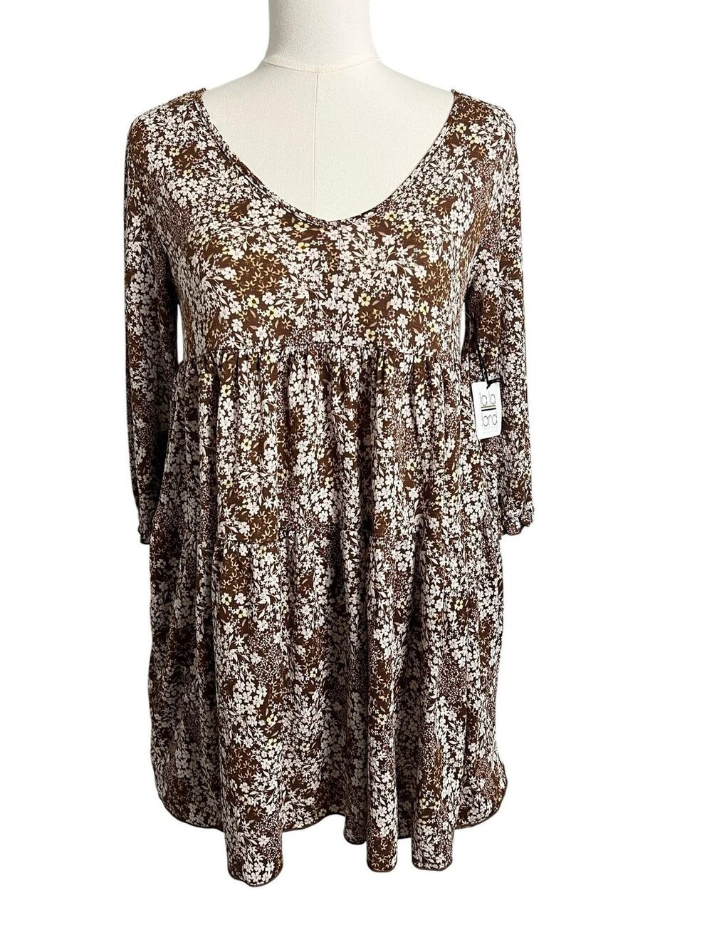La La Land Creative Co NWT Brown Floral Babydoll Mini Dress Small Boho Swing